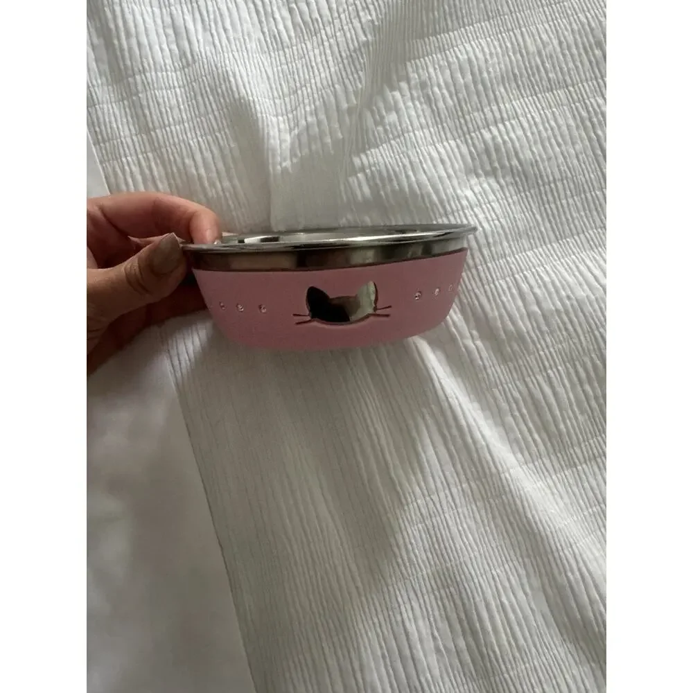 Pink Cat Pet Bowl Dishwasher Safe Silicon Metal Cute Girly